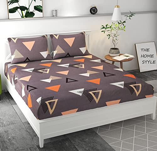 THE HOME STYLE Cotton Feel Glace Cotton Elastic Fitted Printed King Size Double Bed Bedsheet With 2 Pillow Cover(72"X78",Cadmium Yellow),350 TC