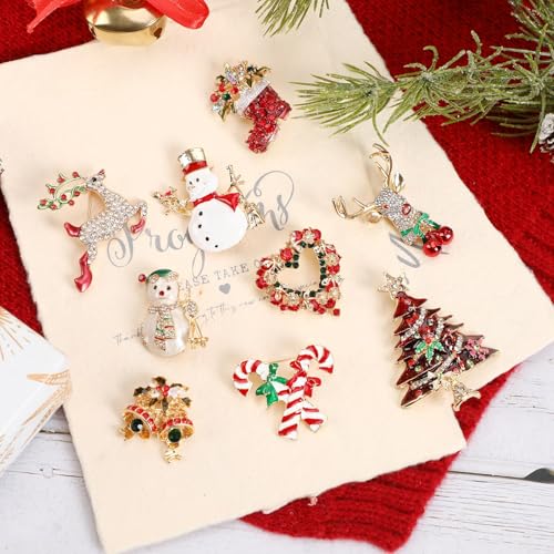 Image of 12 Pcs Christmas Pins and Brooches for Women | Rhinestone Crystal Brooches, Sparkling Christmas Jewelry Gift for Women, Holiday Party Ladies Accessories