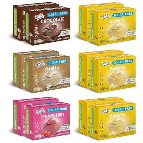 Simply Delish Keto-Friendly Sugar-Free Plant-Based Pudding Bundle - 2 Chocolate, 2 Vanilla, 2 Strawberry, & 6 Banana Flavored Pudding Dessert Packs (12 pudding mix packets total) Cover