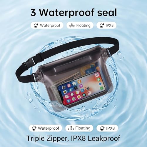 2 Packs Bolsas Secas Impermeables para Cinturón, Bolsa Seca para Playa y Viaje, Portátil para Teléfono, Pasaporte y Billetera, Flotante para Bote y Crucero (Gris + Negro) miniatura 2
