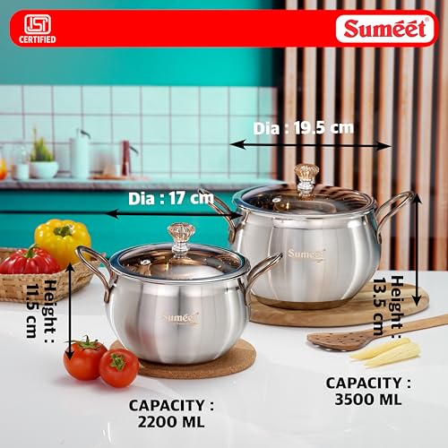 Image of Sumeet ISI Certified Stainless Steel Cook & Serve Biryani Pot /Handi /Sauce Pot with Glass Lid |Induction and Gas Compatible |Set of 2Pc - Capacity - 2200 & 3500ml -Dia - 17 & 19.5cm, Silver