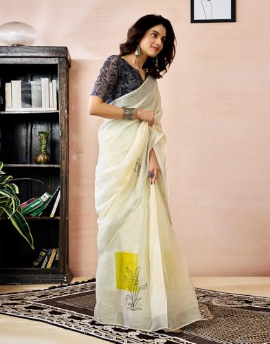 Image of SIRIL Women's Printed Cotton Linen One Minute Ready to Wear Saree With Unstitched Blouse Piece