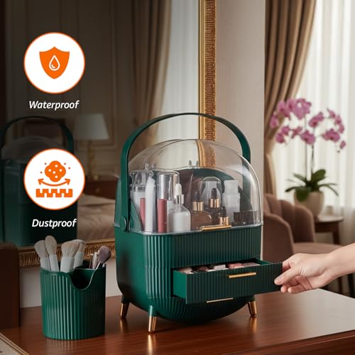 Image of Amazon Basics Large Capacity Makeup Organizer Box - Green, Portable Cosmetic Holder with Brush Storage Section