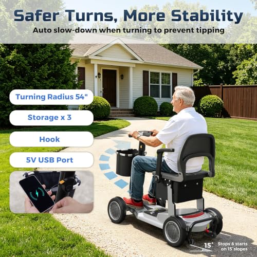 Image of Lightweight Mobility Scooter for Seniors & Adults - Airline & Cruise Approved, 45lb Portable Motorized Scooters with Dual Battery for 24.8 Miles Range, Pneumatic Tires, 330lb Capacity, Silver