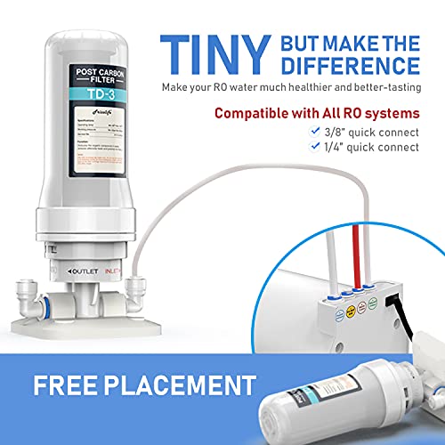 Frizzlife TD-3 Inline Water Filter, Fast Replacement Post Water Filter Removes Chlorine, VOCs & Odor, Adjust Taste, 1/4\" and 3/8\" Quick Connect