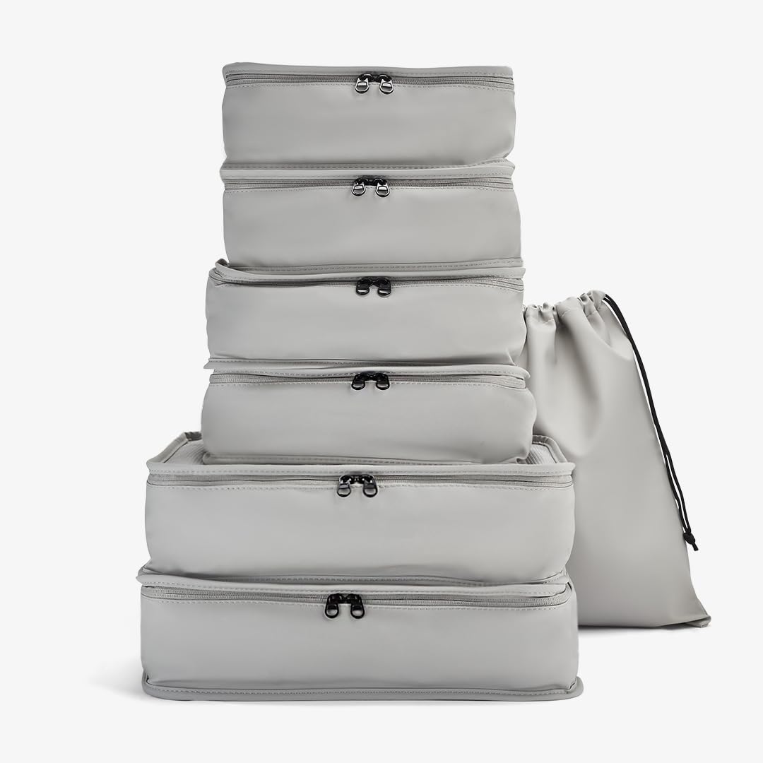 Rock Grey Packing Cubes Set Of 7 In – Lightweight Travel Organisers For Luggage & Suitcases, Clothes Storage Bags With Laundry Bag & Grab Handles - Ideal For Holiday & Business Trips