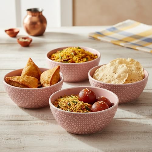 Image of The Earth Store Pink Embossed Ceramic Bowl Set of 2 - 500ML Each | Ceramic Mixing Bowls for Snacks, More | Rice, Dal, Fruits, Salad | Microwave Safe Bowl Set | Perfect for Gifting & Daily Use