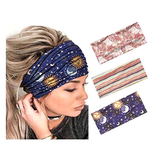deladola Boho Yoga Headbands Blue Wide Floral Style Hair Band Elastic Criss Cross Sweatband Sport Gym Workout Daily Use Hair Accessories for Women and Girls(3Pcs)