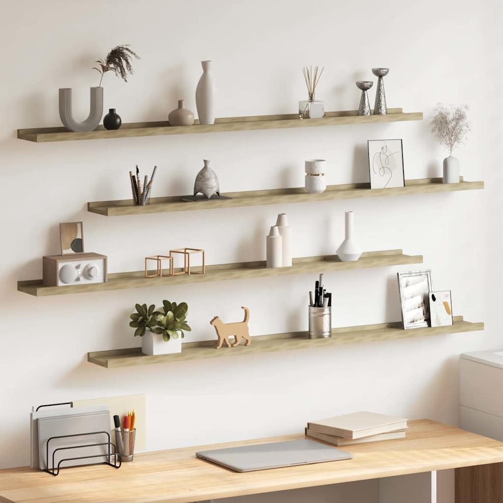 Estantería de pared, 4 unidades, roble Sonoma, MDF, 115 x 9 x 3 cm, para salón, dormitorio, cocina, pasillo, baño, estudio, ahorro de espacio para almacenamiento y decoración