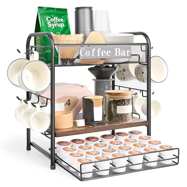 Coffee Bar Organizer, Station Mug Holder for Countertop, Multi-Functional 3 Tier Coffee Cup Tree Rack for Kitchen, Storage Shelf with 10 Hooks, K Cup Pod Drawer for Home Office