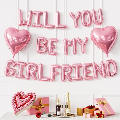 Pink Will You Be My Girlfriend Balloons Set Valentines Day Balloon Banner with Pink Heart Foil Balloon Romantic Proposal Decoration for Asking Girlfriend Dating Surprise Bedroom Decor
