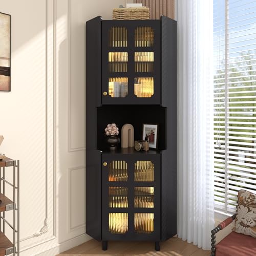 Merax Armoire d'angle haute avec éclairage LED, étagère d'angle sur pied avec portes en verre, 2 compartiments de rangement et étagères réglables, pour salon,...