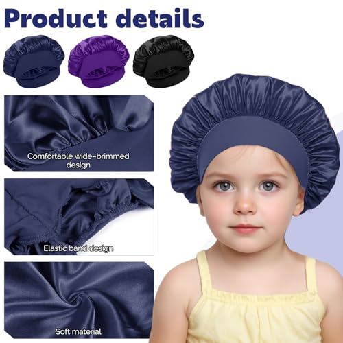 3PCS Kids Bonnets for Girls, Satin Silk Bonnet for Kids, Soft Wide Band Sleep Cap Toddler Bonnet Shower Caps(Black, Blue, Purple)3