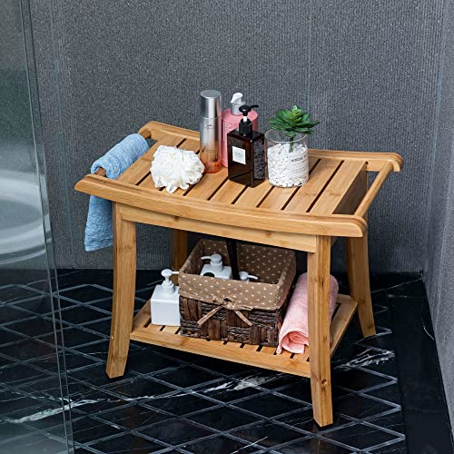 Forevich-Bamboo-Shower-Bench-Stool-with-Storage-Shelf-Waterproof-Shower-Chair-Spa-Bath-Seat-Excellent-for-Indoor-Use-Natural