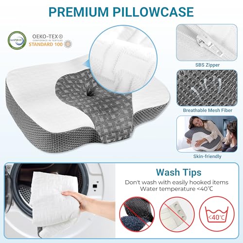 Elviros Cervical Memory Foam Neck Pillow for Side Sleeping, Orthopedic Pillows for Back and Stomach Sleepers, Adjustable Ergonomic Bed Pillow Pain Relief (White)