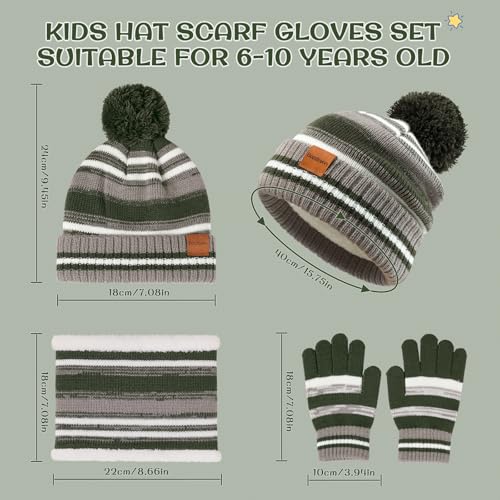 Image of Kids Winter Hat Gloves Scarf Set: Girls Boys Beanie Fleece Lined Ages 6-10