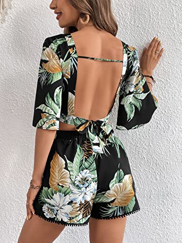 SweatyRocks Women's 2 Piece Boho Butterfly Sleeve Knot Front Crop Top with Shorts Set2