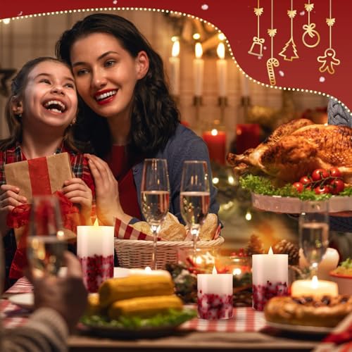 Image of Baquler 3 Pcs Christmas Flameless LED Candles Rowan Berries Embedded Real Wax Unscented Flicker Wick Pillar Candle Battery Operated Warm Light for Home Party Xmas Gift Decoration