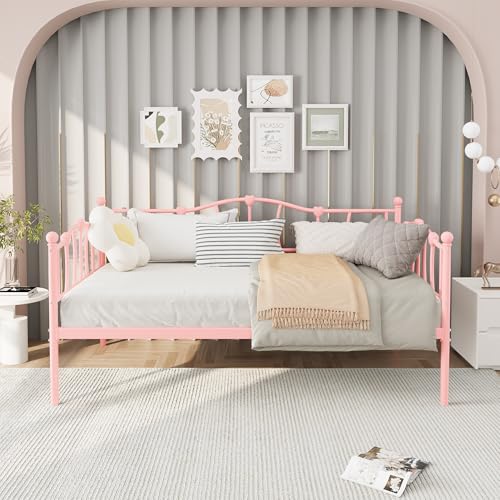 Image of GarveeHome Twin Size Daybed Frame, Metal Platform Sofa Bed with Stylish Headboard, Heavy Duty Steel Slat Support, Space Saving for Living Room /Bedroom /Guest Room, No Box Spring Needed, Pink