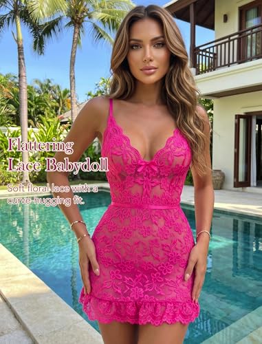 Image of Girece Sexy Lingerie for Women Babydoll Lingerie Dress Lace Chemise Nightgown with Adjustable Straps, Ruffle Hem G String