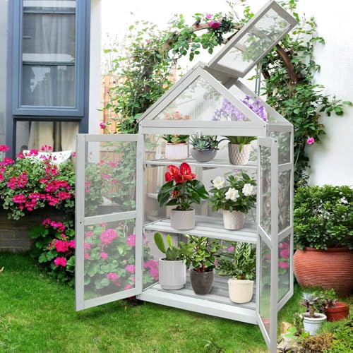 Discoball 3-Tier Wooden Greenhouse Cabinet Double-Door Plant Stand with Adjustable Roof Polycarbonate Panels Lockable Doors and Slatted Shelves for Outdoor Garden Patio Vegetables and Flowers
