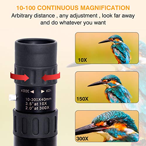 CameCosy New Monocular Telescope(2020),10-300X40mm Super Zoom Monocular Spyglass[Day & Low Night Vision]Portable Binoculars with Smartphone Clip & Tripod for Birdwatching, Hunting, Camping,Sightseeing - Thumbnail 7