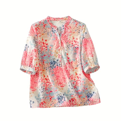 Image of Gufrina Women's Blush Pink Abstract Printed Western Top with Mandarin Collar, Half Button Placket and Relaxed Fit Sleeves