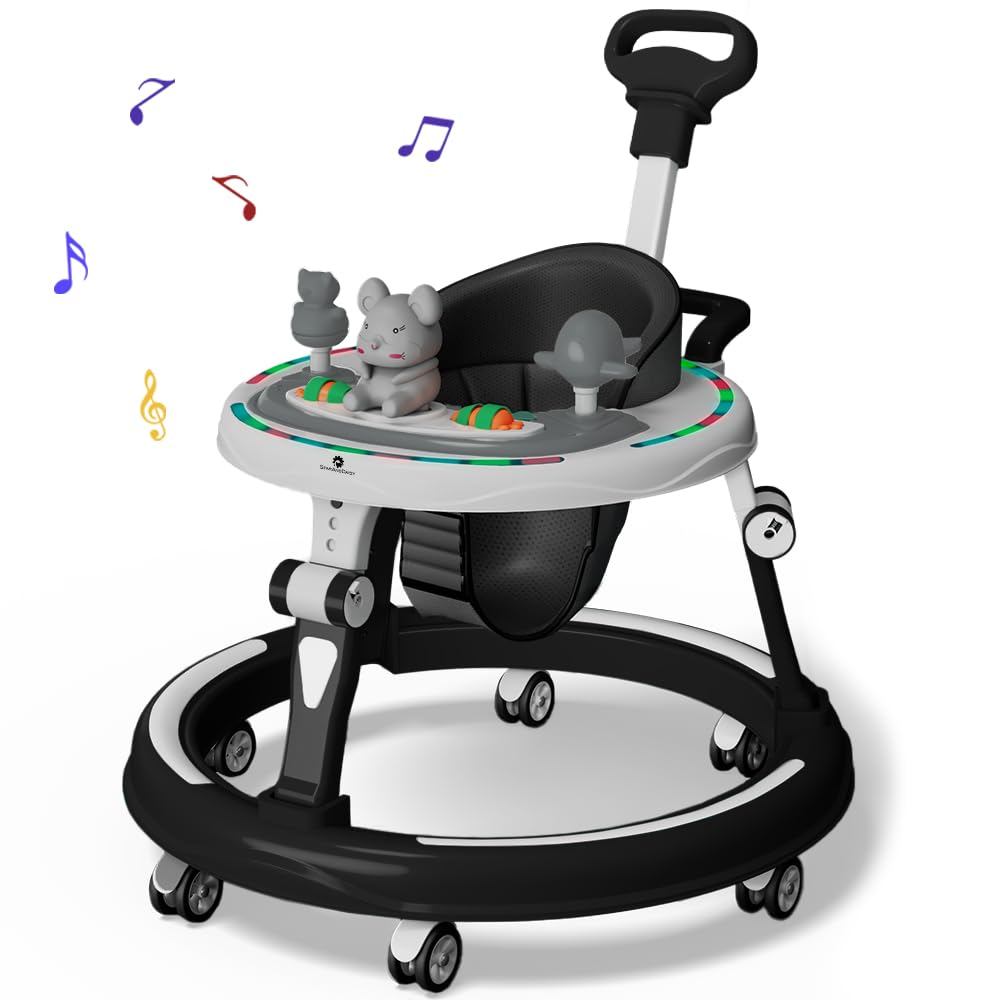 StarAndDaisy 360° Baby Walker 6-24 Months / 7 Level Height Adjustment Walker for Kids Boy and Girl with Intergrated RGB Lights, Switchable Food & Musical Toy Tray/Premium Baby Activity Walker with Parent Rod-Black