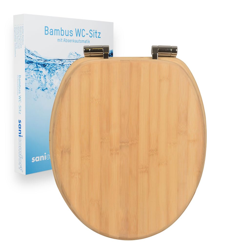 sanicomfort Asiento de inodoro de bambú con dispositivo de descenso automático para un cierre silencioso, cómodo y cálido, tapa de bambú macizo, soporta hasta 150 kg