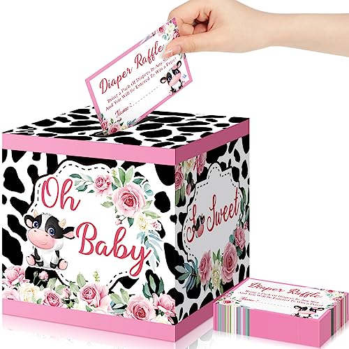 Ctosree 50 Pcs Pink Cow Diaper Raffle Tickets with Card Box Cow Baby Shower Decoration Diaper Raffle Game Kit Baby Shower Holder Box for Girl Gender Reveal Party Favor Supplies