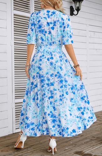 Image of Kormei Women Short Sleeve V Neck Floral High Low Flowy Summer Party Long Maxi Dress