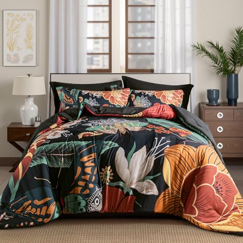 Tyrot Black Boho Floral Queen Comforter Set - 3 Piece Vintage Farmhouse Bedding Comforter Sets for All Season Soft Lightweight Mid Century Modern Bed Set, (1 Reversible Comforter and 2 Pillo