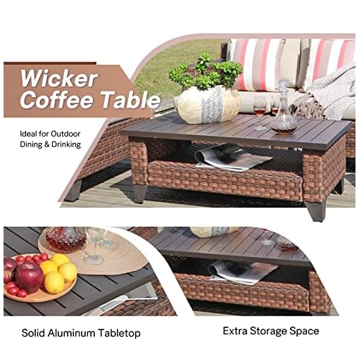 SUNSITT Outdoor Wicker Coffee Table with Waterproof Cover, Brown