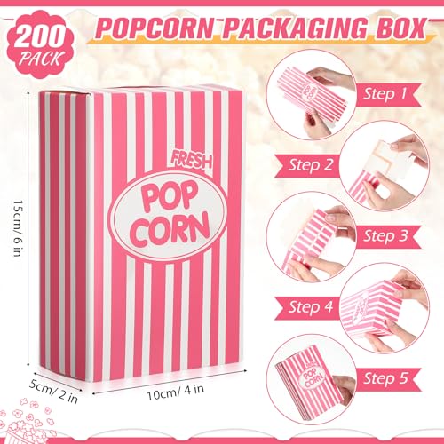 Image of Xinnun 200 Pcs Paper Popcorn Boxes 1oz Oil-proof Disposable Striped Popcorn Boxes Container Leak Proof Paper Holders for Movie Night, Party, Birthday, Wedding (Pink)
