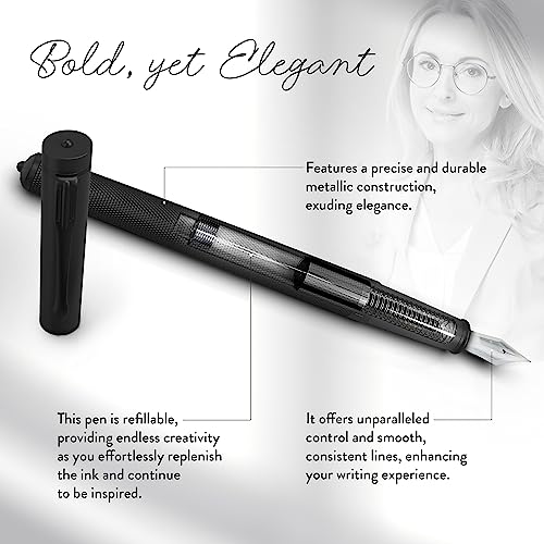 Scrivi Pens - Black Fountain Pen | Extra Fine Nib | Fountain Pens Set Luxury Refillable Fountain Pen With Ink Cartridges | Best Fountain Pens For Smooth Writing, Sketching And Calligraphy #TOP3