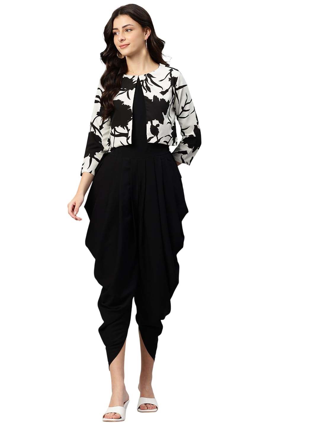 Black Solid Dhoti-Style Jumpsuit with Printed Jacket-image-45