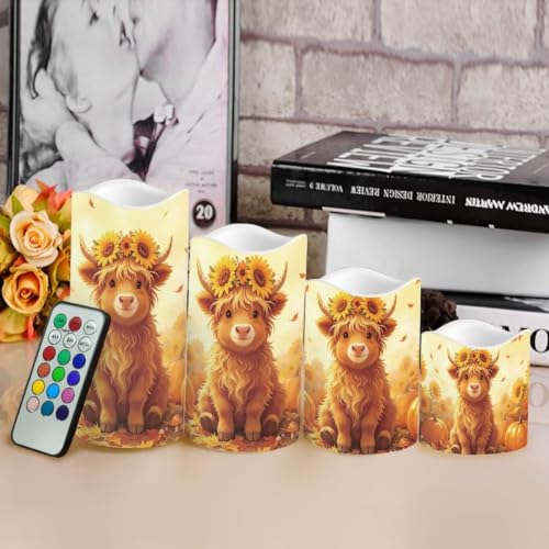 Image of Fall Highland Cow Flameless Candles Set of 4 with Remote Control | Thanksgiving Day LED Flameless Candle Set with Timer, Battery Operated Fake Candles for Kitchen Room, host gift