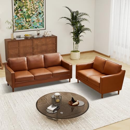 Image of Kingfun Couch Sets for Living Room, 3 Seater Couch and Loveseat, Mid Century Modern Sofa Set, Faux Leather Couch with Solid Wood Frame for Bedroom