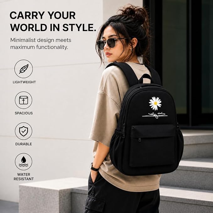 Image of Daisy Flower Printed Backpack for Girls & Women | Water Resistant School College Bag | Lightweight Casual Travel Backpack with Multiple Compartments | Black