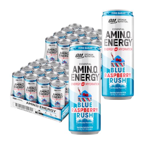 Optimum Nutrition Amino Energy Sparkling Hydration Drink,Electrolytes,Caffeine,Amino Acids,BCAAs,Sugar Free,NEW Blue Raspberry Rush,12 Fl Oz,(Packaging May Vary),12 Count (Pack of 2)