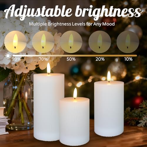 Image of LEDHOLYT Rechargeable Flameless LED Pillar Candles-Luminous Real Wax Indoor Home Decor-Set of 3, Realistic Flickering LED Flame,Remote & Timer, USB-Rechargeable（White）