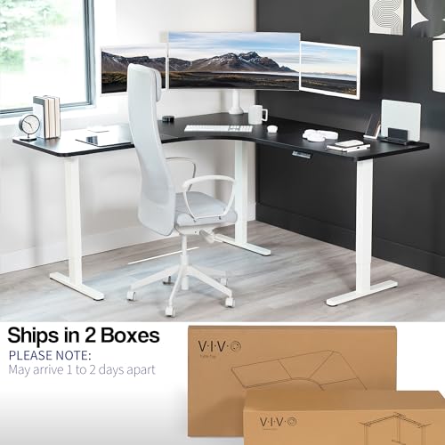 Image of VIVO Electric Height Adjustable 71 x 71 inch Curved Corner Stand Up Desk, Black Table Top, White Frame, Memory Controller, L-Shaped Workstation, E3C Series, DESK-KIT-E3CWB