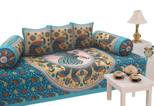 Raghuvanshi Enterprises Pure Cotton Jaipuri Diwan Set, Traditional Design, 6 Pieces with Bedsheet (60 * 90 Inches), 2 Booster Covers (16 * 32 Inches), 3 Cushion Covers (16 * 16 Inches), Aqua Blue-image-10