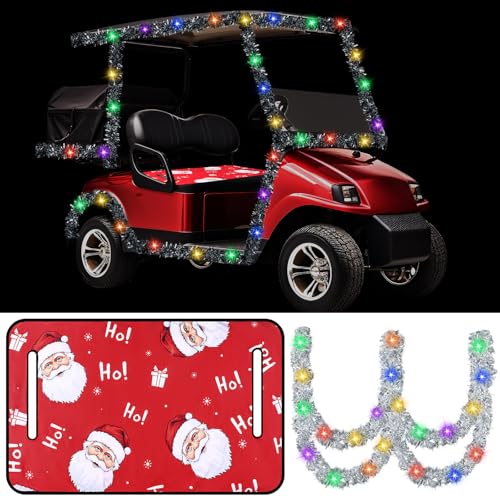 HunnmingRe 2 Pcs Christmas Golf Cart Decorations Christmas Golf Cart Seat Covers Silver Tinsel Garland with LED Lights Golf Cart Accessories Christmas for Christmas Tree Golf Cart Decorations