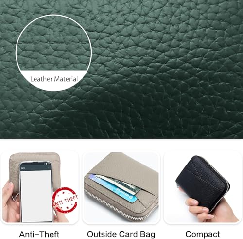 Credit Card Holder for Women Men RFID Blocking Wallet RFID Skimming Prevention Genuine Leather Wallet Multifunctional 14 Cards Compact Zipper Cards Mini Credit Card Anti-theft (Dark Green) 7