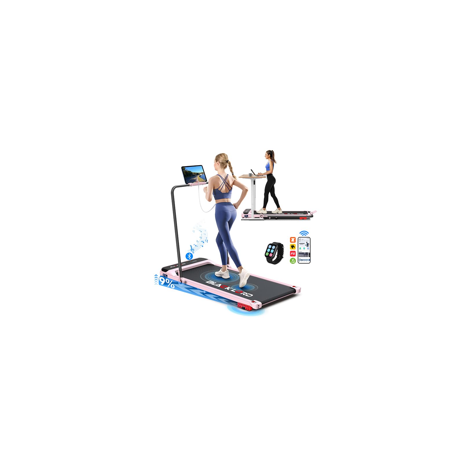 BLACK LORD 3.2HP Walking Pad with Handle, 9% Incline Foldable Under Desk Treadmills for Home, LED Display, 12 Programs, App/Wristband Control, Electric Running Machine for Walking/Jogging, Pink