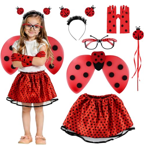 QIANAI Conjunto de Disfraz Tutú Alas Ladybug 6pcs, Disfarce Carnaval Criança Menina, Disfraz Infantil Mariquita, Mariquita Disfraces Carnaval Halloween Cosplay, Disfraces de Actuación