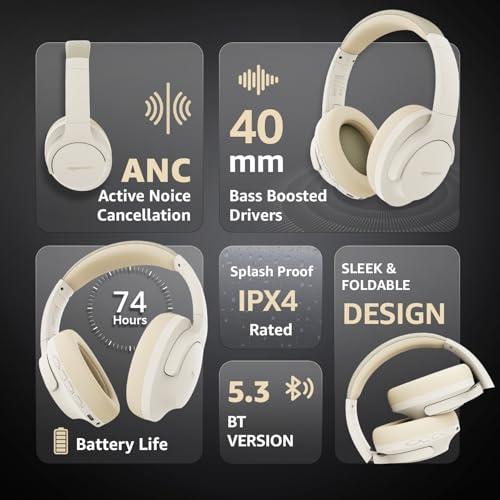 Image of Amazon Basics Pro Series Wireless Noise Cancelling ANC Over Ear Headphone | Bluetooth Headset | USB Charging | 10 m Paring Distance | 74 Hours Battery Life | 40 mm Drivers | IPX4 Rated (Beige)