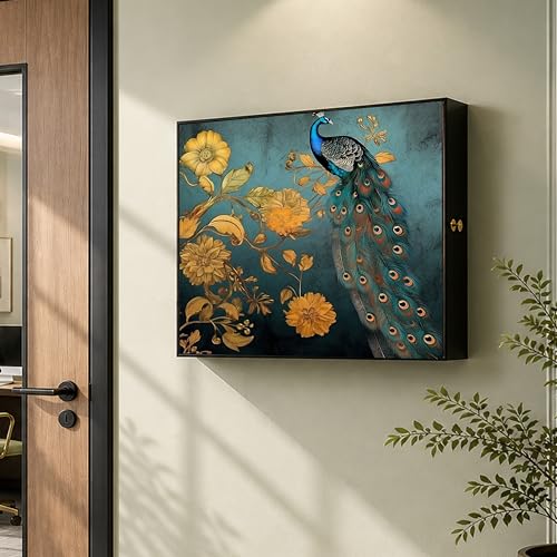 Image of Electric MCB Box Cover Frame With Hydraulic Decorative Painting Peacock Painting Electrical Panel box Cover, Switch Box Frame Will Fit Max 10x14 inch Switch Board, Outer Size 13X17 Inch