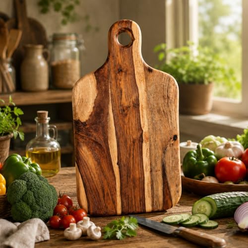 Image of Handcrafted Wooden Chopping Board for Kitchen | Cutting Board & Serving Platter | Food Safe Wooden Board for Vegetables, Fruits, Cheese & Bread | Multiple Designs (Paddle Handle, Sheesham Wood)